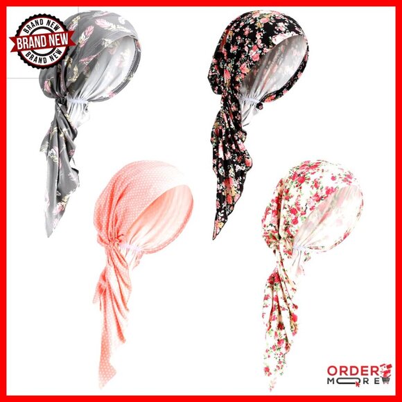 4 Pack Pre Tied Chemo Headwear Cotton Turbans for Women Cancer Patients